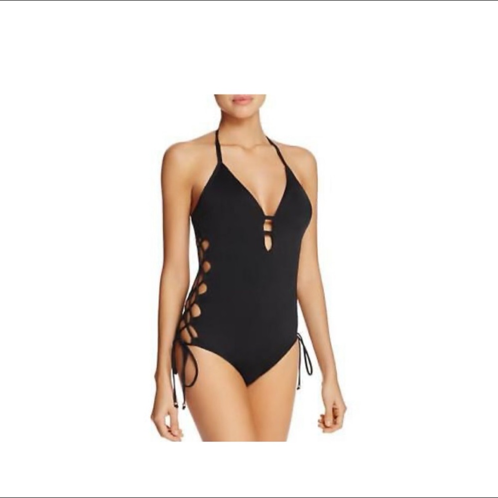 NWT Laundry Black Cutout Halter One Piece Swimsuit